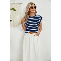 BUNO-2025 Tops para mujer, pantalón corto informal de moda de verano, camisetas básicas con textura a rayas de Color sólido y cuello redondo - details 80