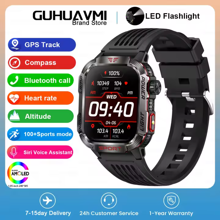 Reloj inteligente militar para hombre, pulsera con seguimiento GPS, Bluetooth, llamadas, batería de 2024 Mah, brújula, iluminación LED, novedad de 600 - 1