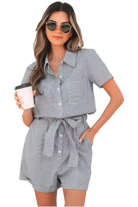Elrachen Mono a rayas de cintura alta para mujer con bolsillos en el pecho y cinturón, rayas azules, tallas S-XL - 1