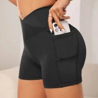 Pantalones cortos de yoga de cintura alta para mujer, pantalones cortos de yoga suaves de cintura cruzada, pantalones cortos deportivos de yoga de color puro de tela de poliéster - details 5
