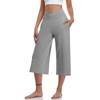 2024 primavera y verano mujeres elástico cintura alta 3/4 pantalón sólido Casual ajuste activo pantalones de pierna Capris anchos pantalones con bolsillos - details 63