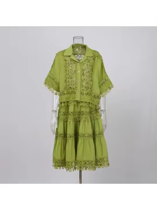 Conjunto de Vestido y Traje para Mujer de Dos Piezas Top Blanco, Falda Plisada, Abrigo de Encaje Bordado Moda de Verano 2025 - 1