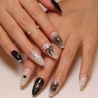 Juego de uñas de almendra Y2K, color negro fresco, con pegamento, lazo plateado, 24 UDS - details 1
