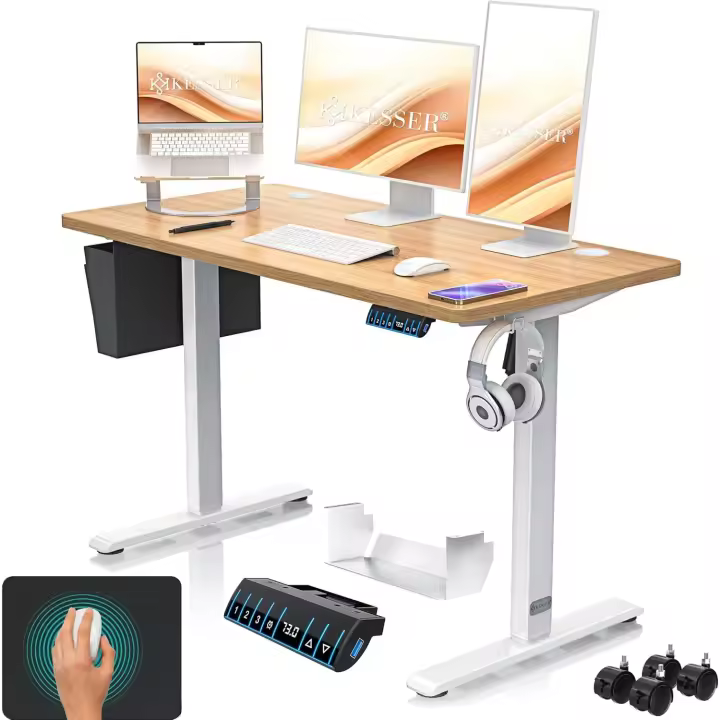 Escritorio eléctrico regulable en altura, escritorio ergonómico de bipedestación, control de memoria de 3 funciones, incl. Ruedas de 360° °   y Puerto de Carga USB, 120x60 cm - Beige - 1