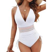 con control de barriga para mujer Traje de baño modesto adelgazante de una pieza con cordón de bloque de color - details 10