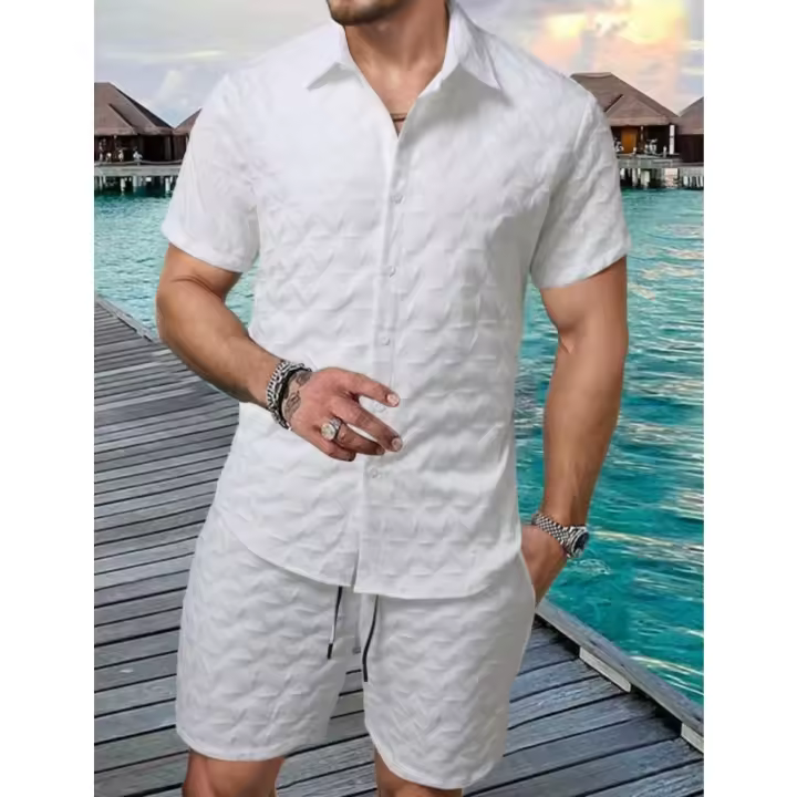 2025 Nuevo Traje Casual de Hombre Conjunto de Camisa de Manga Corta a Rayas y Pantalones Cortos - 1