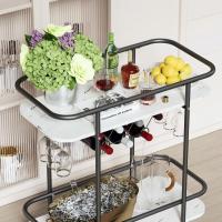 Carrito de servicio de barra de 2 niveles con ruedas, carrito de bebidas móvil con estante para vino y soporte para vidrio, almacenamiento de bebidas rodante con placa de patrón de mármol - details 7