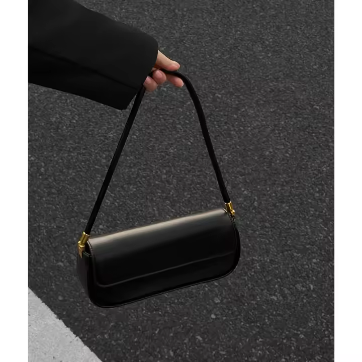 Bolso bandolera de mujer estilo vintage, con forro, correa ajustable, cierre de hebilla, negro sólido, detalle de pintura en los bordes, bolso retro de un solo hombro - 1