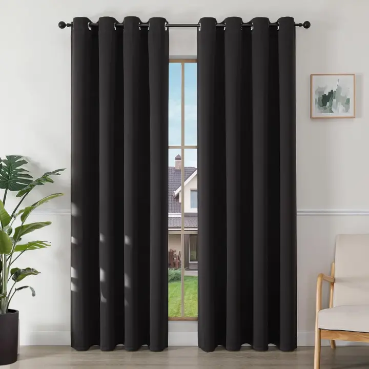 Cortinas Opacas de 2 Piezas Diseño de Ojales Negro Aislantes de Calor y Frío para Dormitorio - 1
