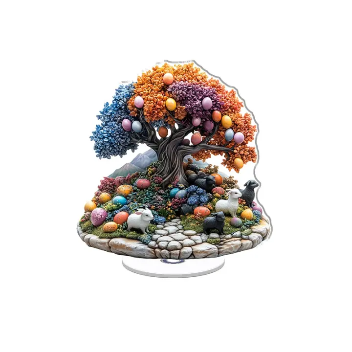 Adorno acrílico giratorio con un colorido árbol de la vida con huevos vibrantes, conejos blancos y corderos negros bajo una escena surrealista y brillante. - 1