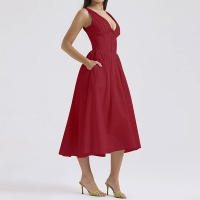 2025 novedad de verano para mujer estilo temperamento viajero Color sólido cuello en V falda con tirantes vestido de longitud media - details 6