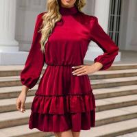 Vestido Satén con Cinturón Rojo Volantes Manga Larga, Elegante y Sensual para Mujer - details 4