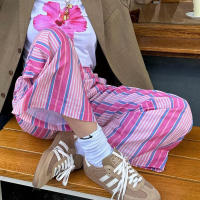 BUNO-Pantalones de encaje a rayas para mujer, Pantalones rectos de pierna ancha con cintura elástica y cordón, ropa de calle holgada para primavera y verano, pantalones de chándal informales - details 51