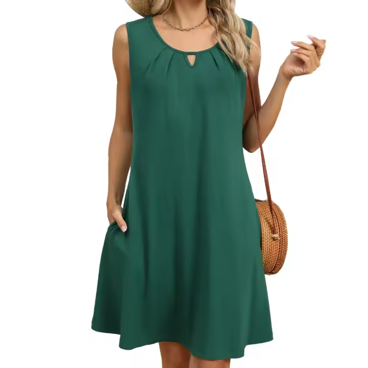 Vestido de verano 2025 de color sólido con cuello redondo, hueco, plisado, sin mangas y con bolsillo. - 1