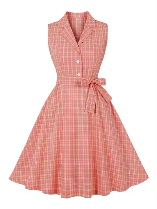Vestido de Algodón a Cuadros Vintage Hepburn Collar Encajado, Manga sin Botones, Moda de Verano para Mujeres - 1