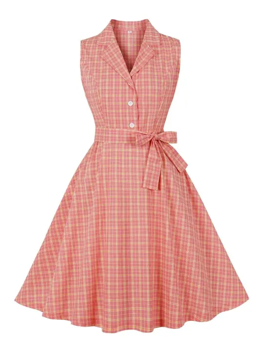 Vestido de Algodón a Cuadros Vintage Hepburn Collar Encajado, Manga sin Botones, Moda de Verano para Mujeres - 1