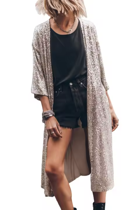 Elrachen Kimono de mujer con lentejuelas de albaricoque y frente abierto, color albaricoque, tallas XS-XXL - 1