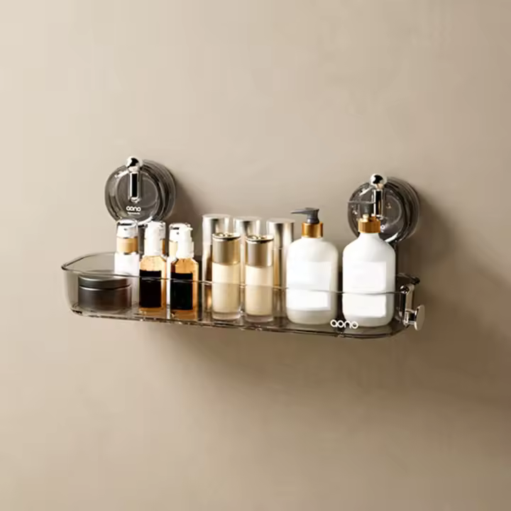 Estante de plástico con ventosa para el hogar, estante de almacenamiento de champú montado en la pared sin perforaciones, ahorro de espacio, estante de almacenamiento para ducha de gran capacidad - 1