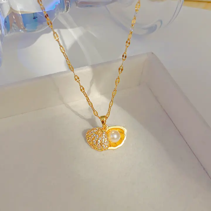 Perlas abiertas conchas collar mujer incrustado circonitas luz de lujo cadena clavícula temperamento ornamentos - 1