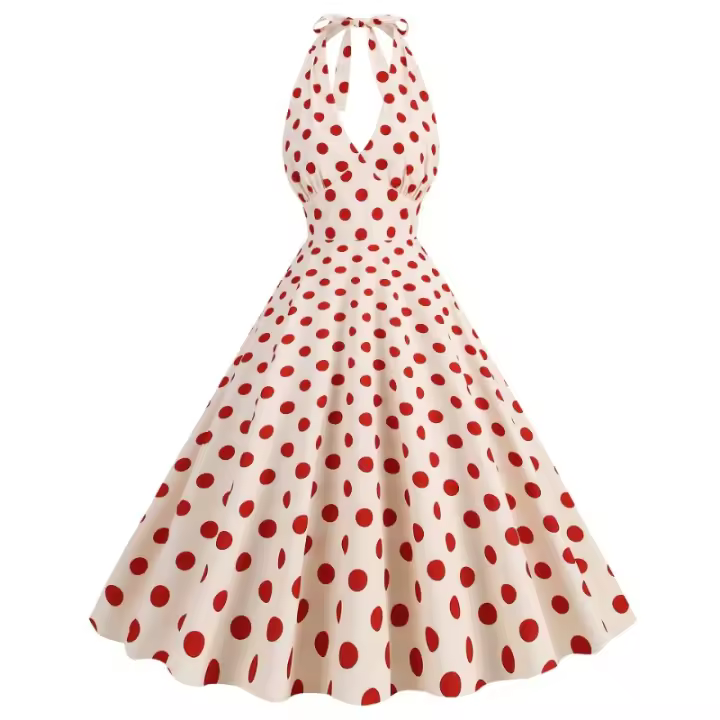Vestido de péndulo con estampado de lunares y cuello retro estilo veraniego para mujer. - 1