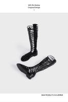 Nuevo verano botas romanas de malla de cuero alto para mujer, fondo plano ahuecado, cremallera trasera, botas geniales, sandalias largas tejidas - details 15