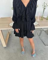 Elegante Vestido Mini de Cintura Alta con Encaje Manga Larga, Agujero en la Cintura, Lazo de Moda para Mujeres - details 19
