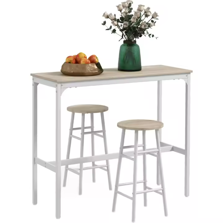 Conjunto de Mesa Alta de Bar Con 2 Taburetes para Cocina y Comedor - Marco de Acero Estilo Industrial - Natural y Blanco - 1