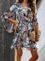 Vestido de primavera y verano para mujer, Media manga, estampado de flores, elegante cuello en V, informal, línea A, hasta la rodilla, cintura alta - details 21