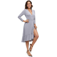 Vestido ajustado de manga larga con cuello en V y ribete de volantes, de color sólido y talla grande, para el trabajo, primavera 2025. - details 12
