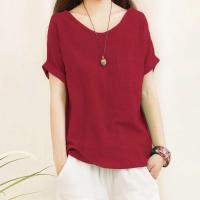 Camiseta Holgada de Lino y Algodón para Mujer Camisas de Manga Corta, Top Informal con Cuello Redondo, Verde Holgado, Top de Verano - details 1