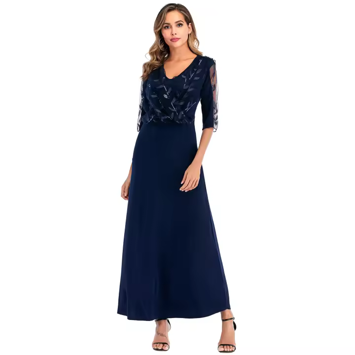 ENKA2025 Primavera/Verano nuevo vestido de noche largo de empalme de encaje con cuello en V de Color sólido de talla grande para mujer - 1