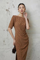BGTEEVER-vestido ajustado a cuadros para mujer, prenda elegante de manga corta, ceñido a la cadera, con cuello oblicuo, para primavera y verano - details 22