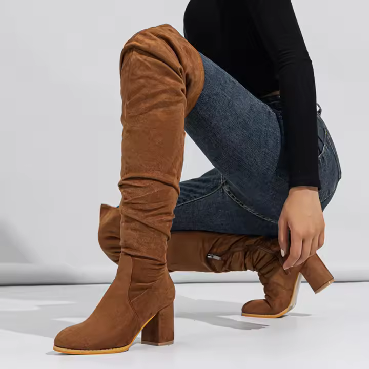 Botas altas por encima de la rodilla de gamuza para mujer, punta redonda, bloque grueso, tacón alto, otoño, invierno - 1