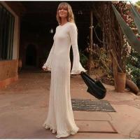 Vestido largo de punto con mangas acampanadas y dobladillo con volantes para mujer, Vestido elegante con espalda descubierta y cuello redondo con cordones, batas de vacaciones para mujer - details 13