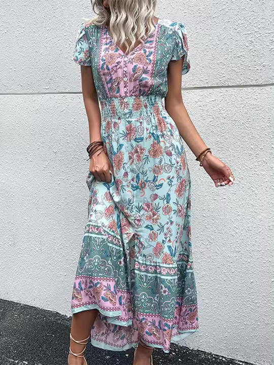 Vestido Boho Floral Vintage Manga Corta, Cuello en V, Vestido de Playa de Verano Bohemio - 1