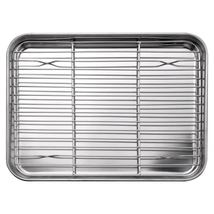 Juego de bandeja y estante para horno tostador de 10 pulgadas, sartén pequeña de acero inoxidable con estante de refrigeración, hoja para hornear apta para lavavajillas - 1