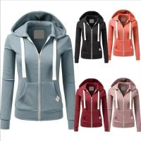 Sudadera con capucha de manga larga para mujer, abrigo deportivo informal con bolsillos y cremallera, Color sólido, otoño - details 1