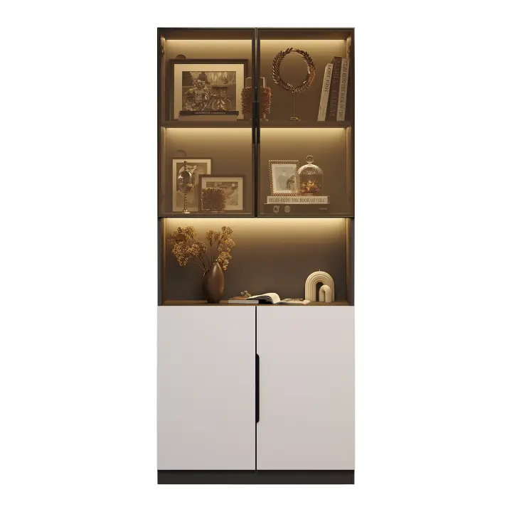 Gabinete de Exhibición Minimalista Moderno Puertas de Vidrio, Luces LED, Estante de Libros para Coleccionables, Temperatura de Color Ajustable, Tamaño 80*30*200cm - 1