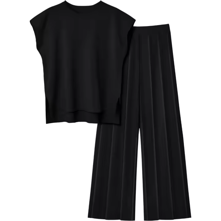 2025 Conjunto informal de punto para mujer: suéter de punto sin mangas + conjunto de dos piezas con pantalones de pierna ancha - 1
