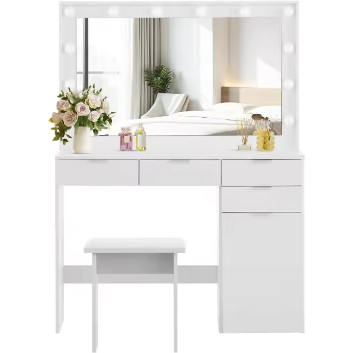 Mesa de Maquillaje con Espejo y Luz LED Regulable 5 Cajones y Enchufes Eléctricos - 1