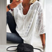 Blusa de Lino y Algodón para Mujer Cuello en V, Manga 3/4, Blusa Holgada Informal, Moda Diaria - details 6