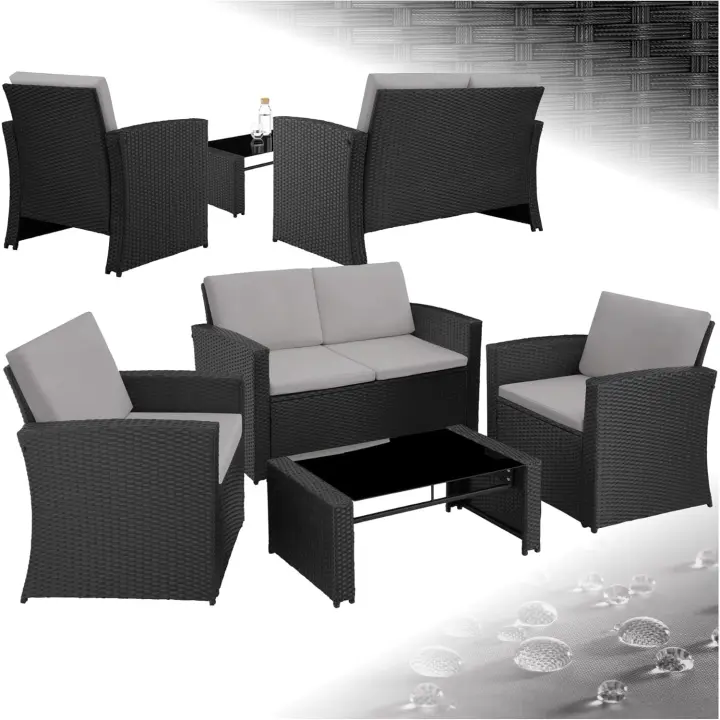 Ratán y Acero, Muebles Jardín Exterior, 2 Sillones 1 Sofá 1 Mesa con Cristal, Conjunto Terraza Resistente a Intemperie, con Cojines, Fundas Extraíbles - natural/gris oscuro - 1