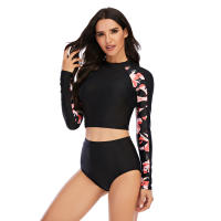 Conjunto de tankini corto de manga larga con estampado floral, cintura alta, corte alto y cuello alto, traje de surf y buceo con - details 7