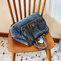 Bolso de hombro, bolso de lona vaquero, estilo callejero, cadena de Metal, bolso Vintage, Color sólido, gran capacidad, bolso cruzado sólido para estudiantes - details 16