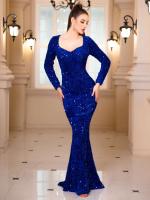 Vestido maxi de lentejuelas con manga larga y parte inferior, vestido de fiesta sirena elástico, azul royal - details 2