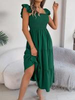 Escote cuadrado de verano con mangas anchas y pliegues, vestido informal de algodón transpirable para playa o uso diario, estilo bohemio - details 16