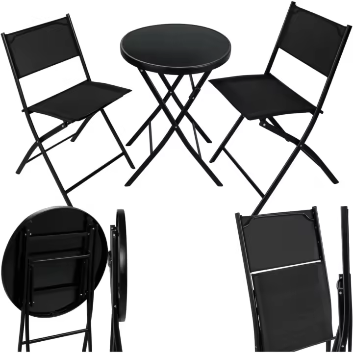 Conjunto Muebles Jardín Exterior 3 Piezas con Estructura de Acero, Mesa y Sillas Terraza Resistentes a Intemperie, Topes en Patas, Tela de Secado Rápido, Asas para Fácil Transporte - Negro - 1