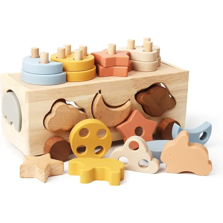 Montessori Stack Toy Car para niños pequeños de 1 a 3 años, clasificador de formas, bloques de clasificación, coche educativo de madera y silicona - 1