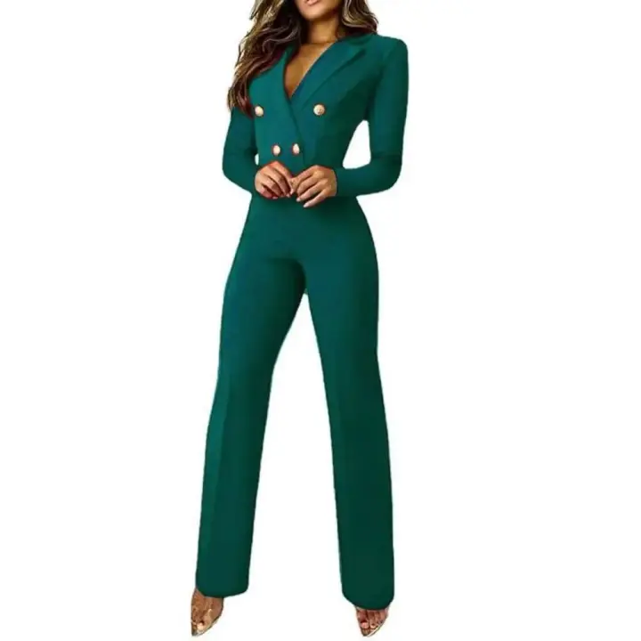 Pelele elegante de manga larga para mujer, Pantalones rectos de cintura alta, monos con solapa para mujer, mono para mujer - 1