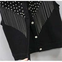 Chaqueta corta para mujer, novedad de 2023, chaleco vaquero con borlas, encaje blanco y negro con una hilera de botones, chaqueta sin mangas - details 6
